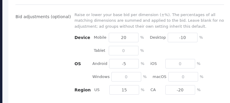 Bid adjustments in the campaign wizard
