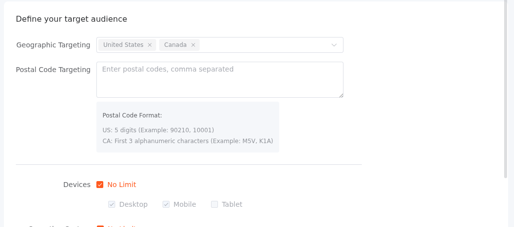 Campaign targeting — geo, device, OS, browser