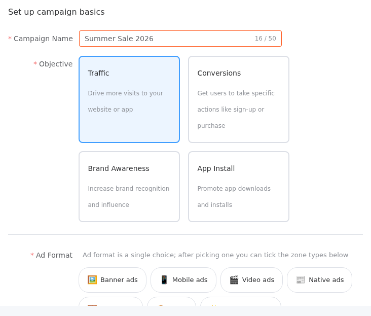Create campaign — basic settings