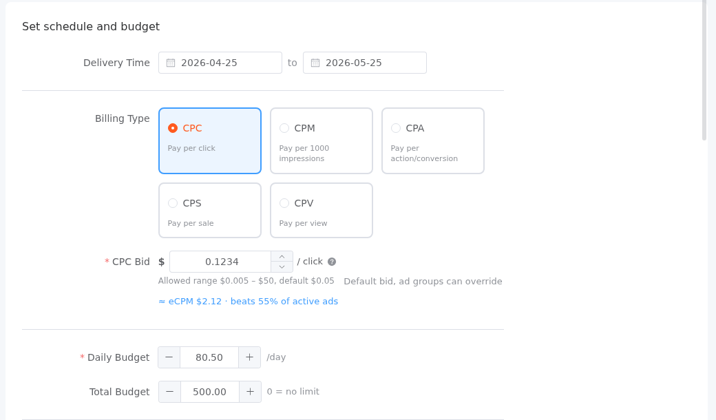 Create campaign — billing type, bid and budget